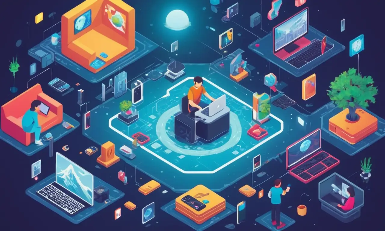 Una persona rodeada de dispositivos digitales y piezas de arte, simbolizando la intersección de la tecnología y la recogida tradicional.