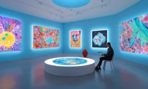 Coleccionista de arte sentado frente a una galería de arte digital en una tableta