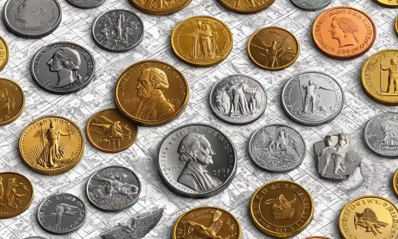 Un collage de varios coleccionables (por ejemplo, monedas, sellos, figuras) con gráficos y diagramas que ilustran los diferentes tipos de coleccionismo y su evolución con el tiempo.