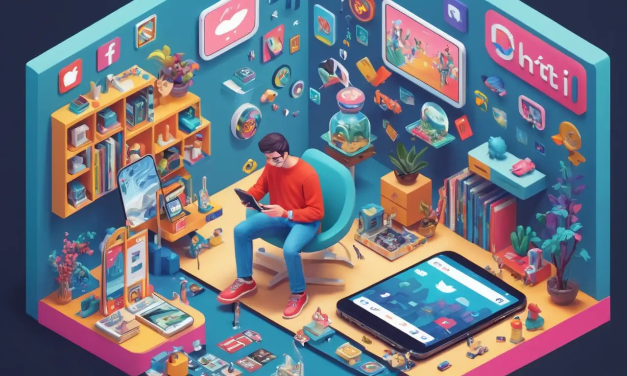 Una persona que utiliza plataformas digitales y redes sociales en su teléfono, rodeada de icónicos coleccionistas.