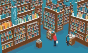 Una persona navegando a través de libros sobre la recogida en una biblioteca o librería.