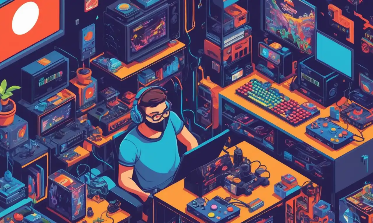 Un jugador rodeado de consolas de juego retro y memorabilia mientras simultáneamente juega un speedrun.