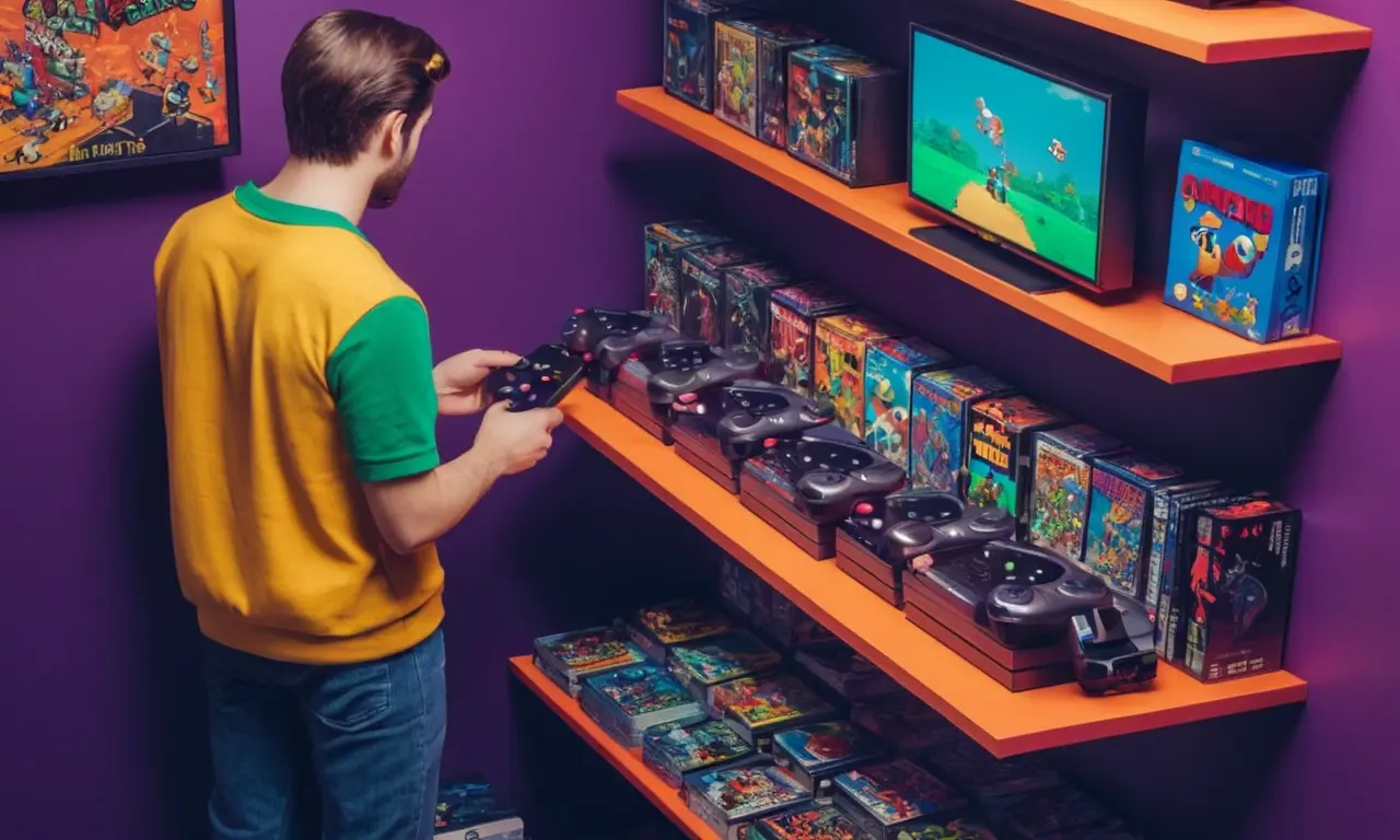 Un jugador que sostiene un controlador de consola junto a un estante lleno de juegos retro.
