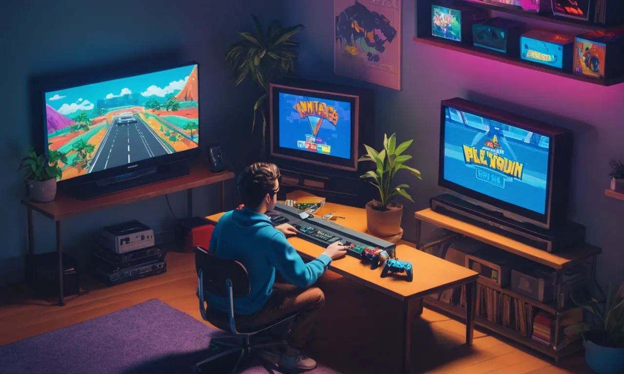 Una persona sentada en un escritorio rodeado de consolas de juego vintage con una pantalla de TV que muestra una velocidad en el fondo.