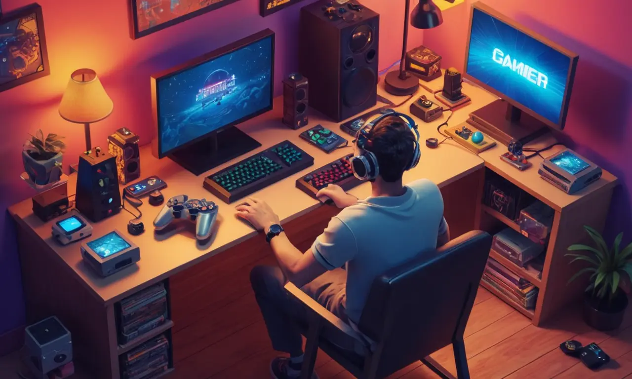 Un jugador sentado en un escritorio rodeado de consolas retro y juegos, con un cronómetro en la pantalla.