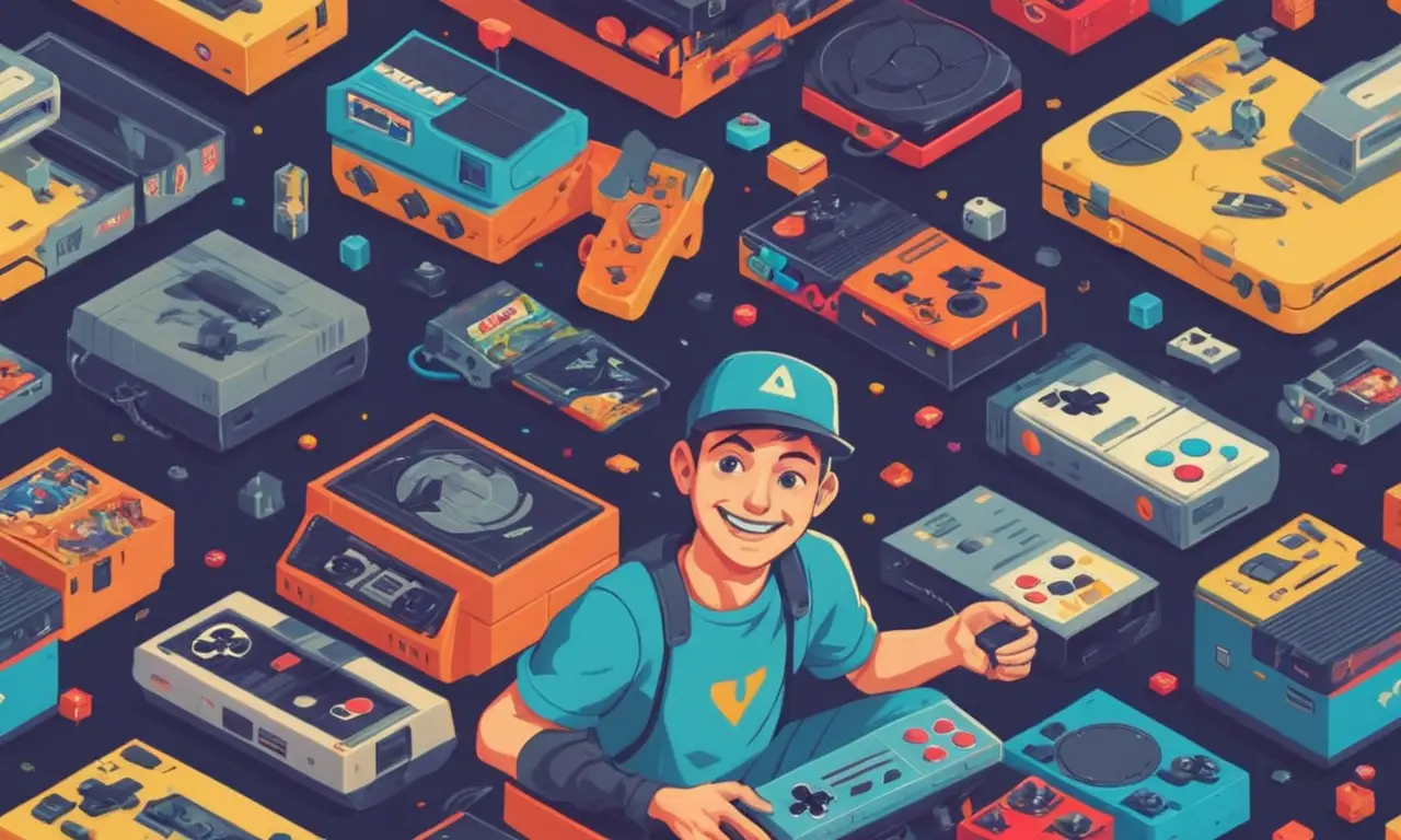 Un jugador nostálgico rodeado de consolas vintage y cajas de juego, con una sonrisa de alegría.