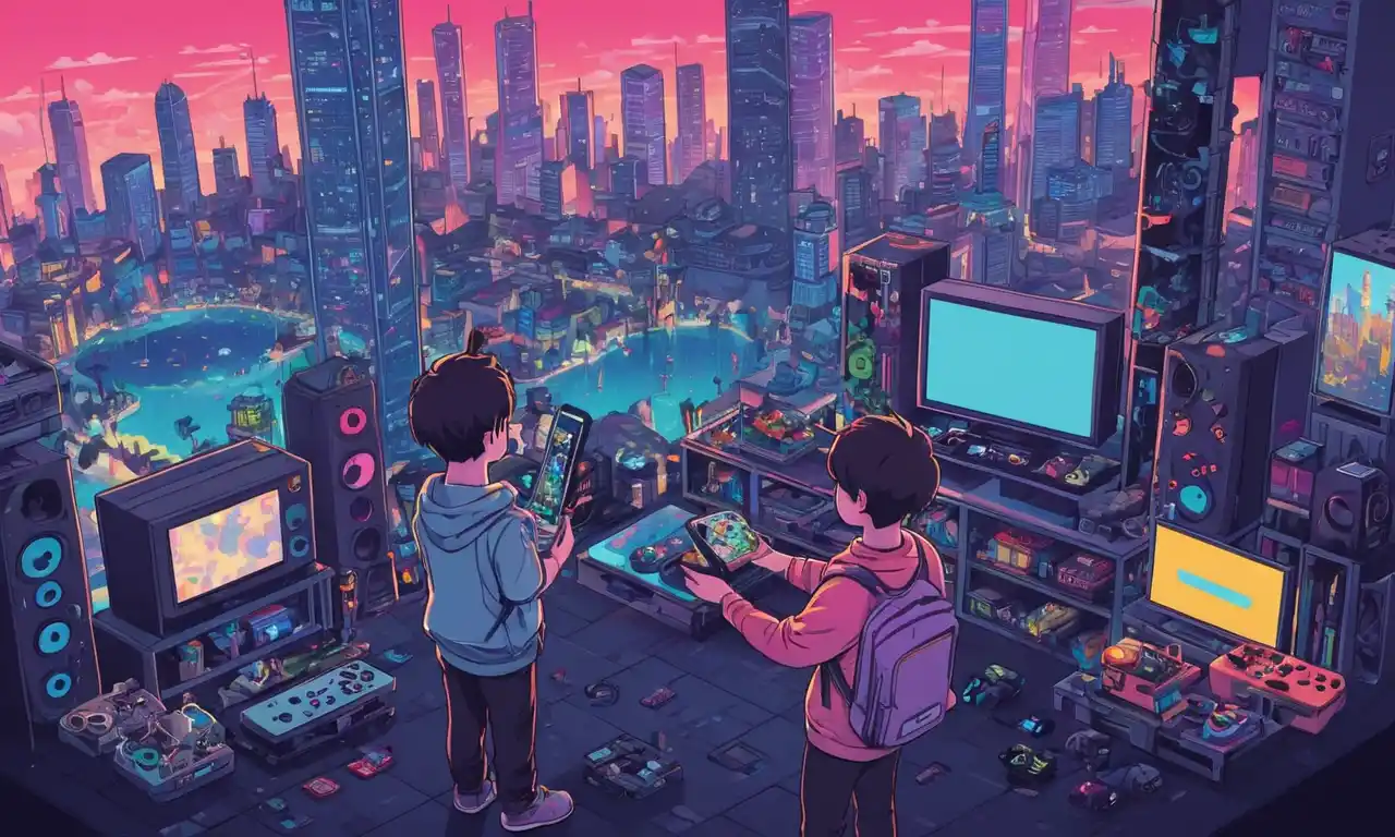 Una persona que sostiene un controlador rodeado de varias consolas de juego, con un paisaje urbano de arte pixel en el fondo.