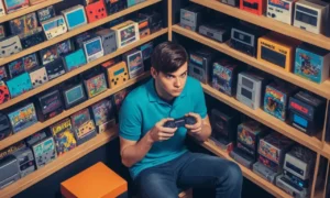 Un jugador sentado frente a un estante lleno de consolas y discos retro juego