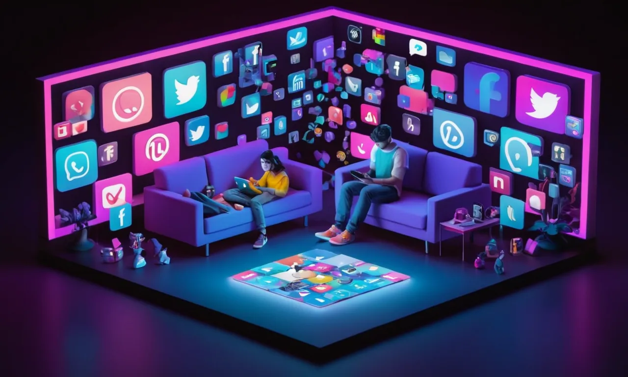 Una persona sentada en un sofá digital rodeada de pantallas de redes sociales y coleccionando figuras.