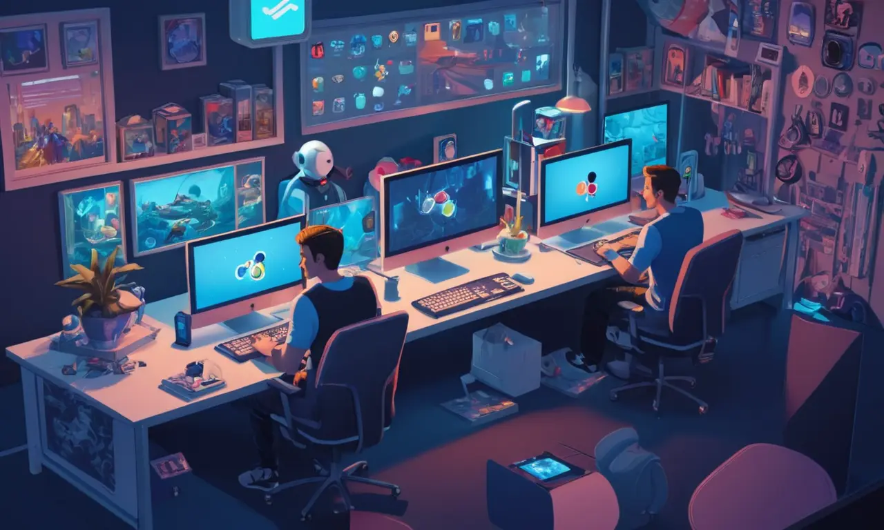 Un grupo de coleccionistas sentado frente a las computadoras, rodeado de coleccionistas y ventanas de chat en línea.