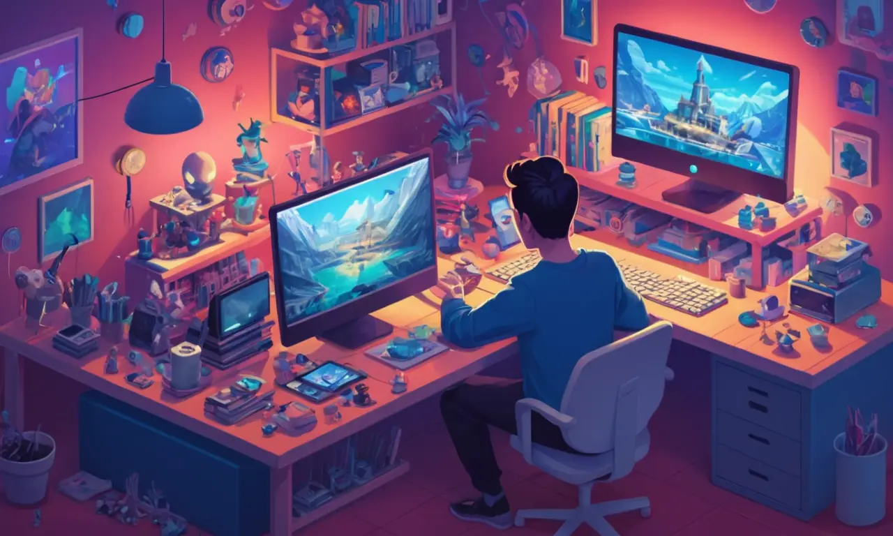 Una persona sentada frente a un ordenador, rodeada de coleccionistas y plataformas en línea.