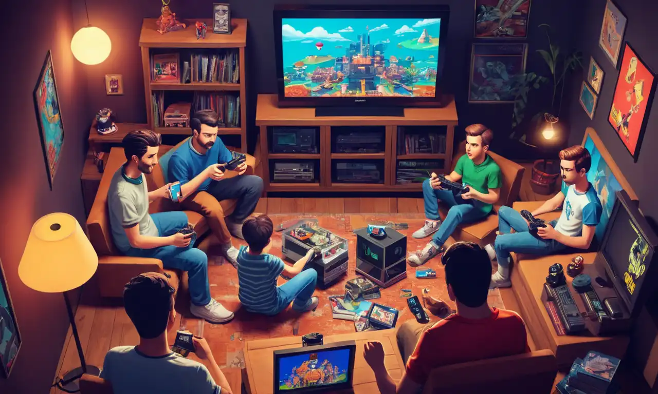 Un grupo de jugadores se reunieron alrededor de una televisión o consola, rodeado de obras de arte icónicas y memorabilia nostálgica.
