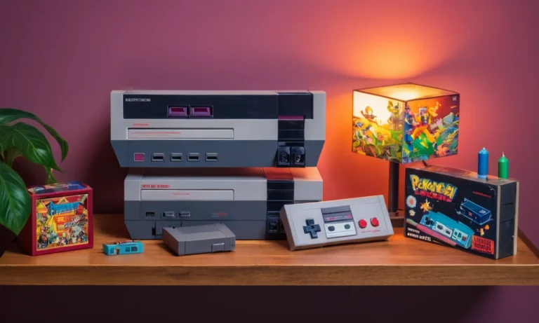 Consolas de videojuego Vintage y cartuchos mostrados en un estante con iluminación nostálgica.