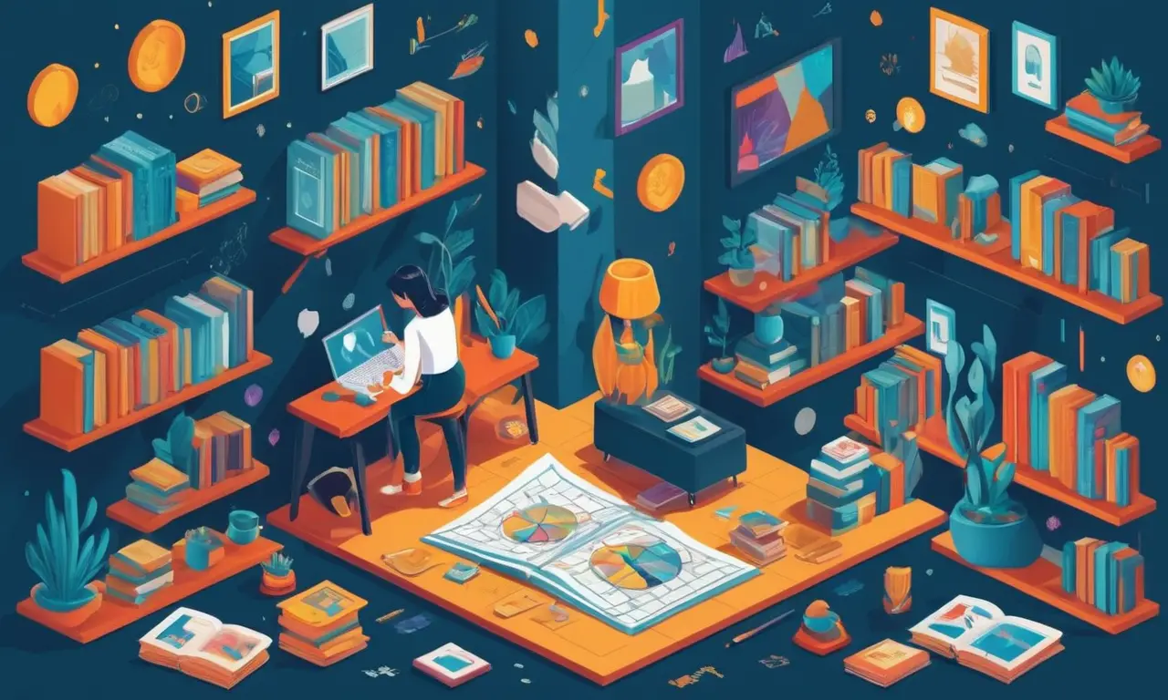 Un coleccionista examinando piezas de arte rodeadas de libros y gráficos financieros.