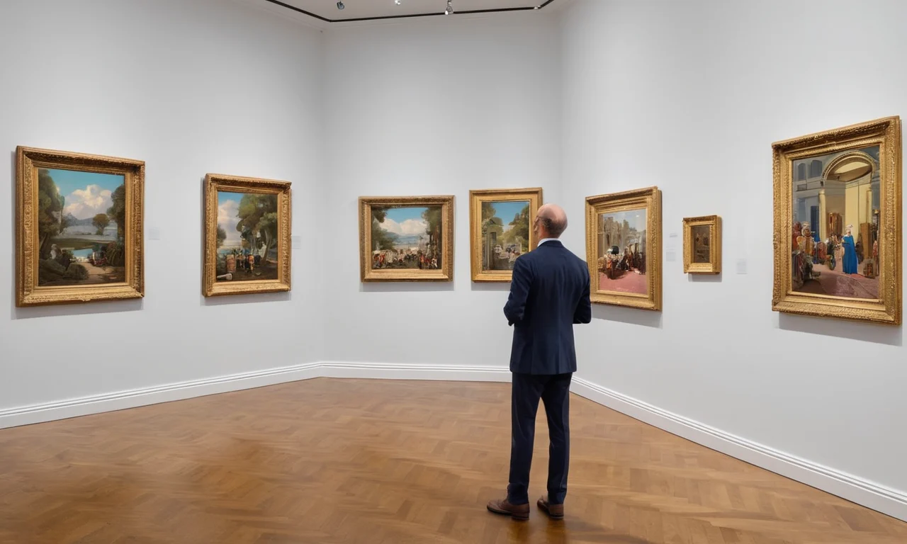 Un coleccionista experimentado que examina piezas de arte raras en un entorno de galería de lujo.