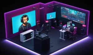 Una bota de comentarios con un jugador jugando en una pantalla y un comentarista hablando en un micrófono.