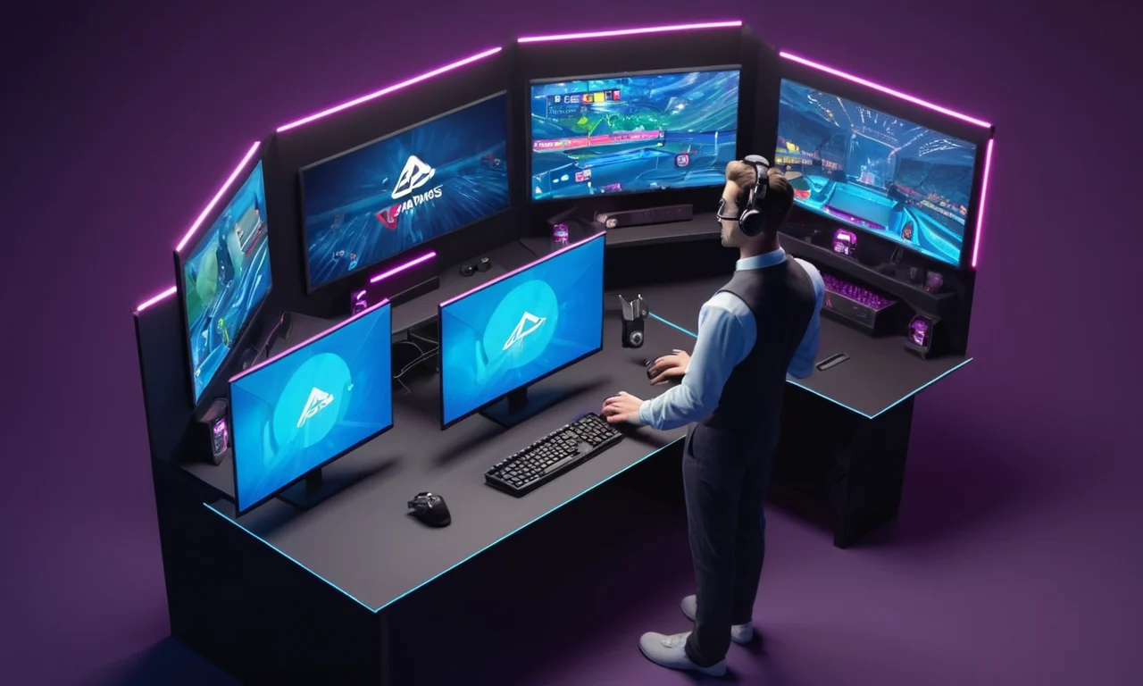 Un comentarista de pie en un escritorio de juego con un monitor que muestra un juego en progreso.