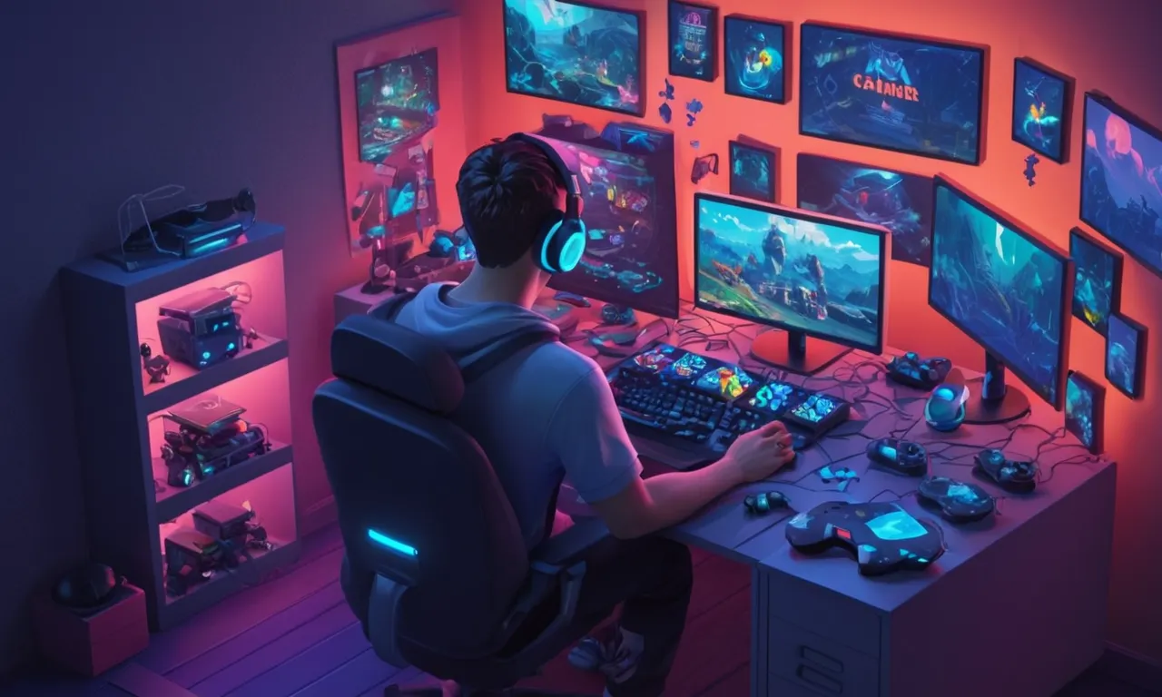 Un jugador rodeado de pantallas y controladores de juego, con una expresión desconcertada.