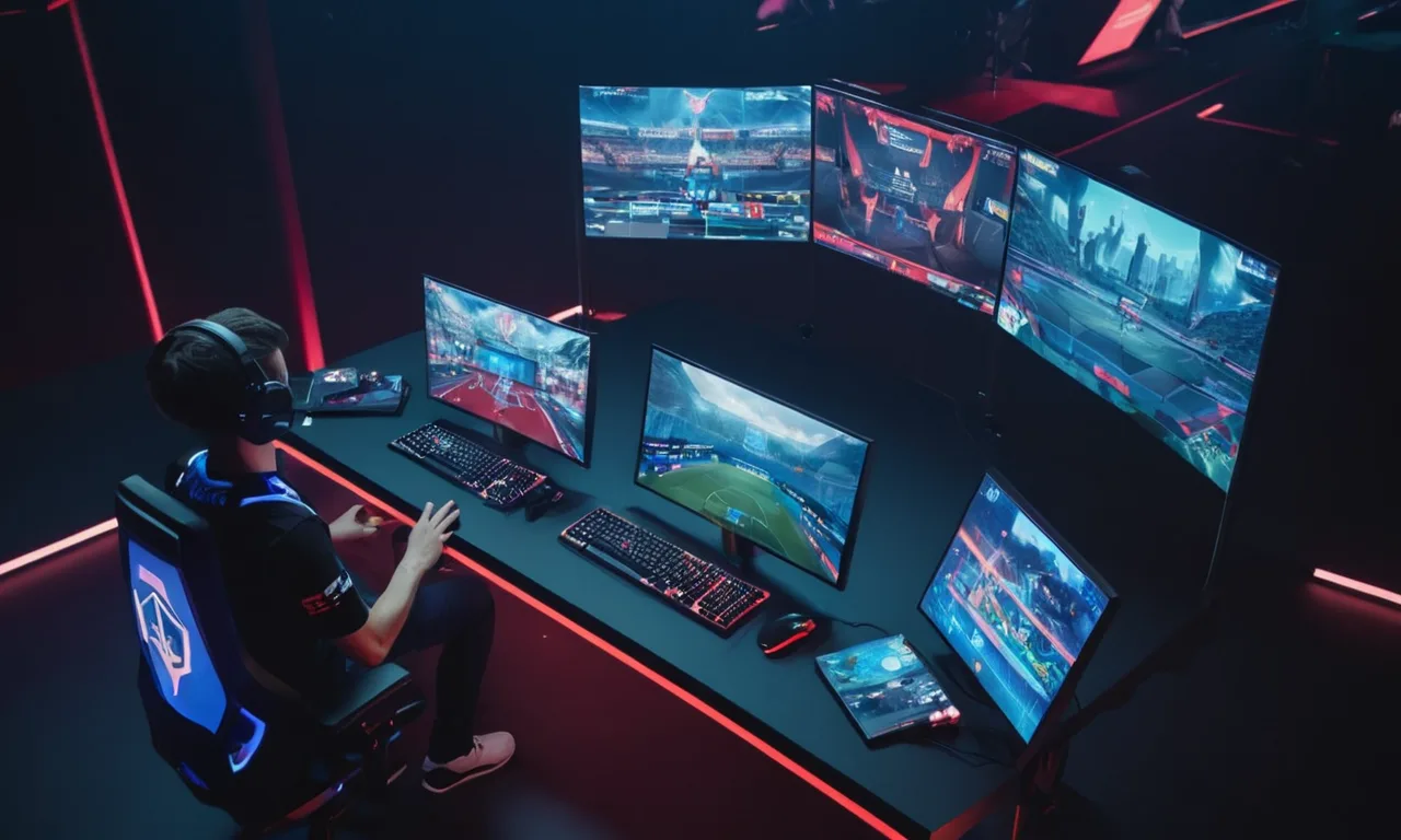 Un comentarista sentado frente a una presentación de pantallas e interfaces de juego durante una competencia de esports.