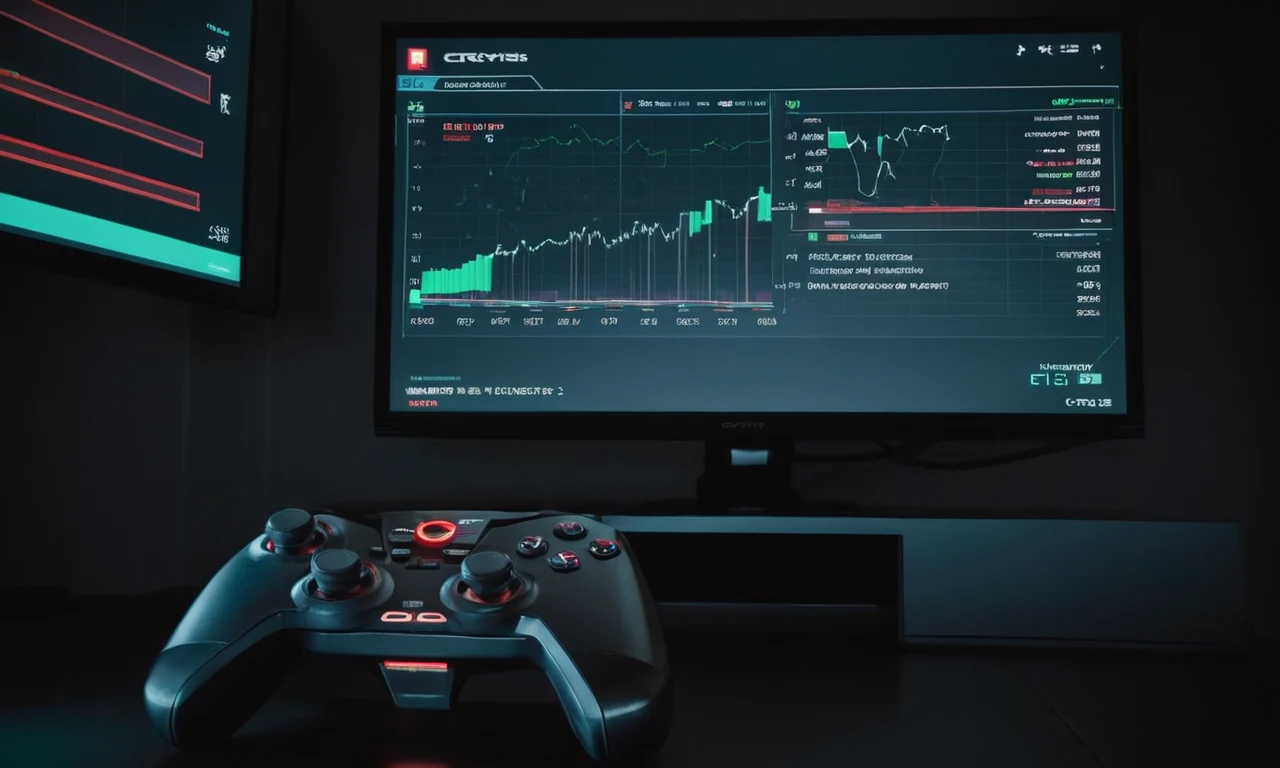 Un controlador de videojuegos junto a una pantalla dividida que muestra opiniones negativas y gráficos financieros para Crysis 3.