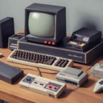 Una escena nostálgica de una configuración de juego vintage con un ordenador Commodore 64 rodeado de cartuchos y controladores de juego clásicos.