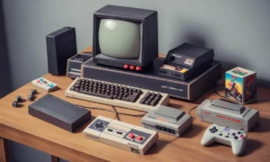 Una escena nostálgica de una configuración de juego vintage con un ordenador Commodore 64 rodeado de cartuchos y controladores de juego clásicos.