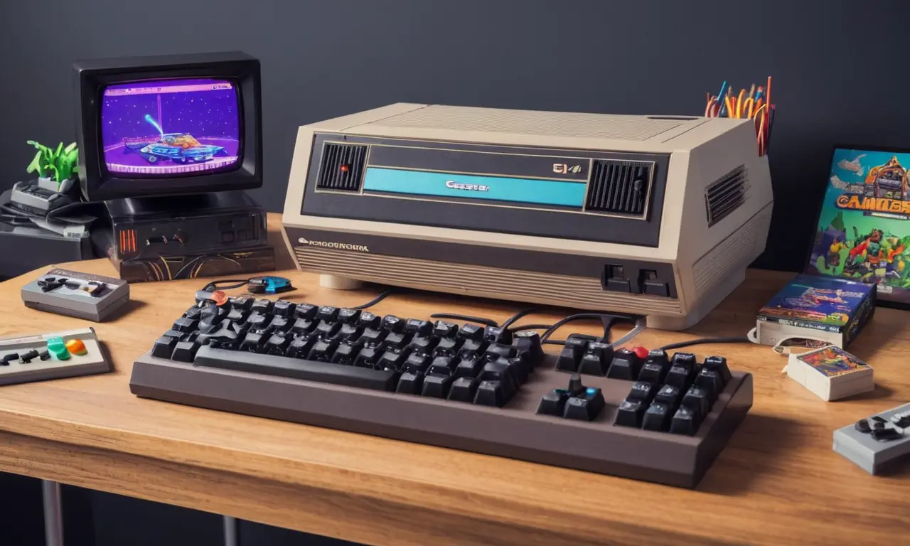 Una escena nostálgica con un antiguo ordenador Commodore 64 en un escritorio de jugadores rodeado de juegos retro y accesorios.