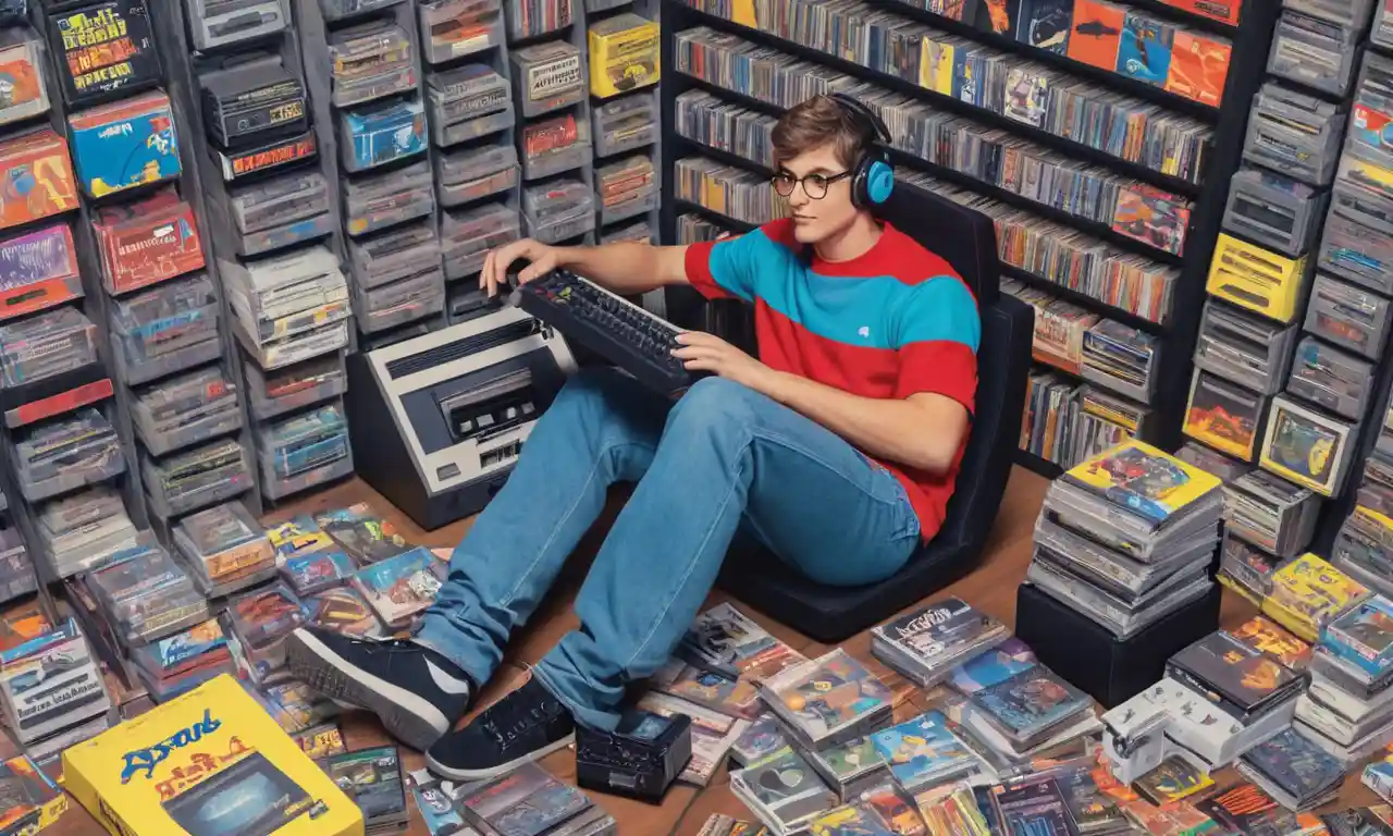 Una escena nostálgica de un jugador sentado frente a un ordenador Commodore 64, rodeado de pilas de cintas de cassette y revistas de juego.