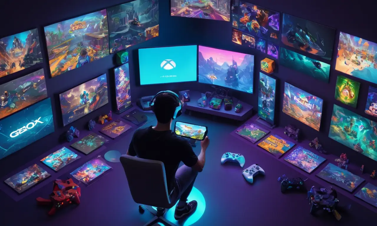 Un jugador que sostiene un controlador de Xbox rodeado de diversos juegos en múltiples pantallas.