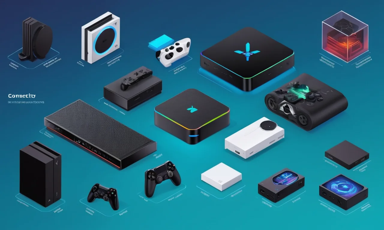 Gráfico de comparación que muestra la conectividad y características adicionales de consolas de juego de alta gama.