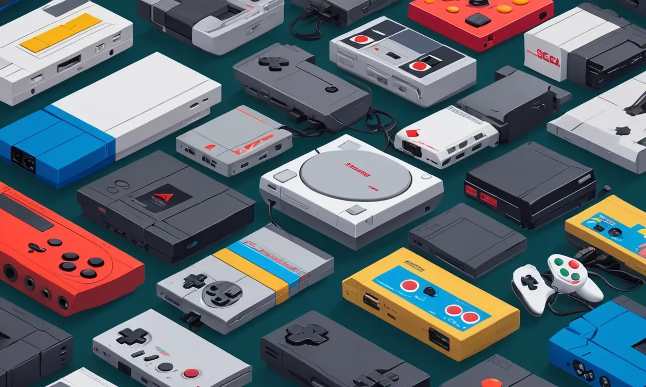 Un collage de consolas de videojuegos icónicos del pasado, con una comparación de pantalla dividida entre logotipos de Sega y Nintendos.