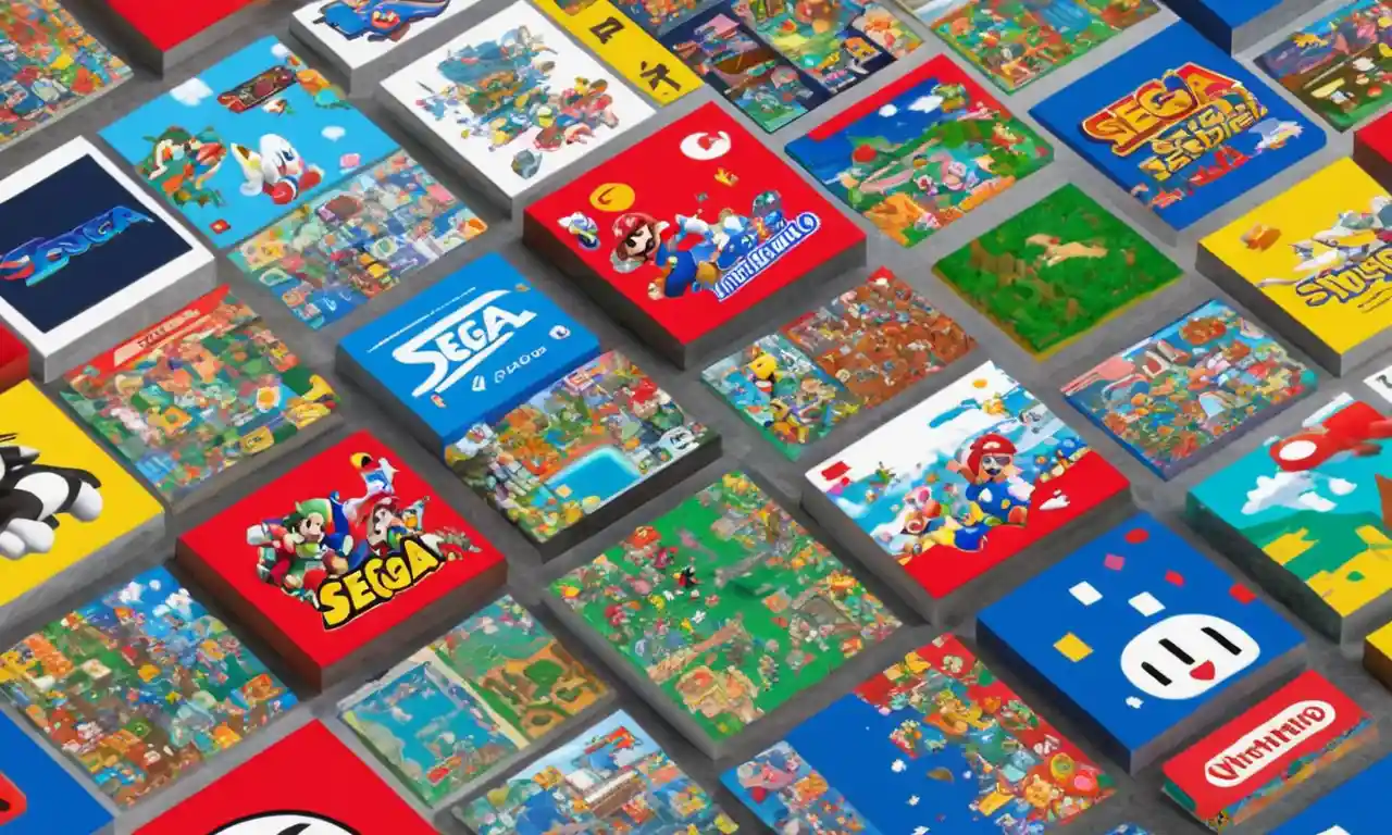 Una imagen de pantalla dividida que compara logotipos icónicos de Sega y Nintendo lado a lado.