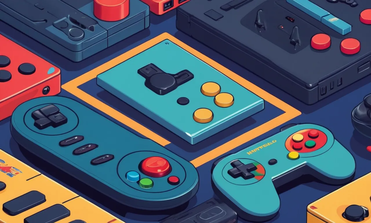 Una escena nostálgica con controladores de consola clásico y juegos de Sega y Nintendo en un fondo.