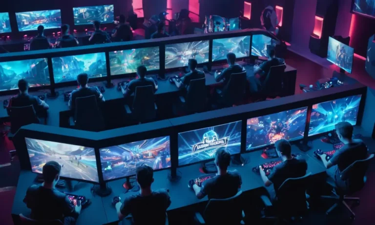 Los jugadores sentados en estaciones de juego rodeados de pantallas y controladores en un entorno de puertos competitivos.