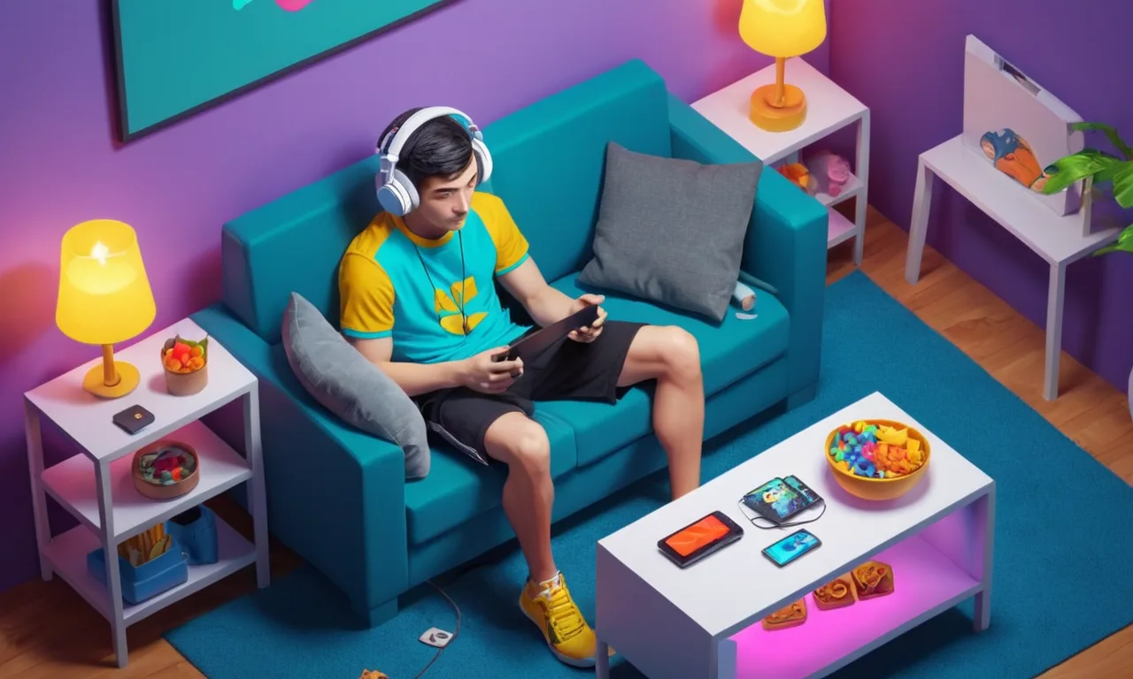 Un jugador sentado en un sofá, usando auriculares, con una consola y aperitivos cerca.