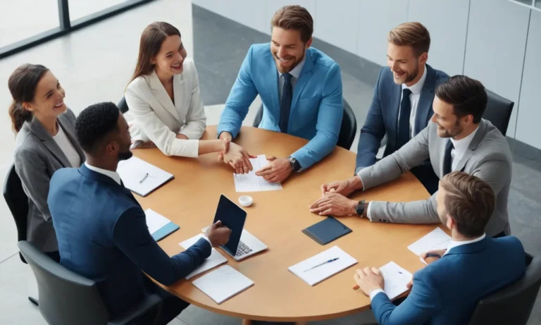Los colegas profesionales temblando las manos y sonriendo mientras se sientan en una mesa de conferencias.