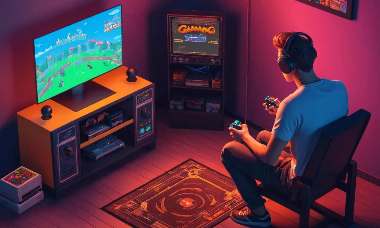 Un jugador sentado frente a una consola de juegos retro con juegos clásicos mostrados en la pantalla.