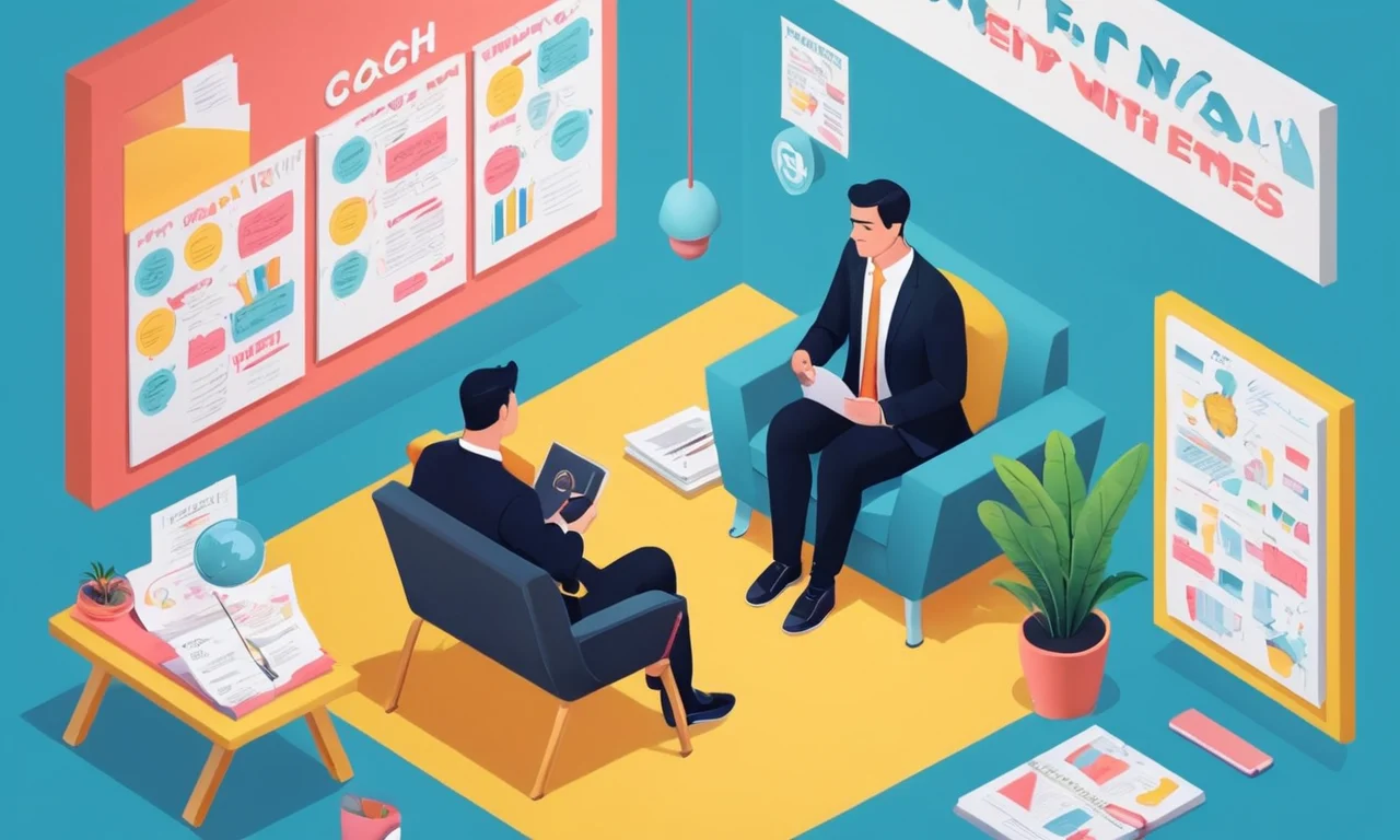 Un entrenador de negocios sentado con un cliente, rodeado de citas motivacionales y notas.