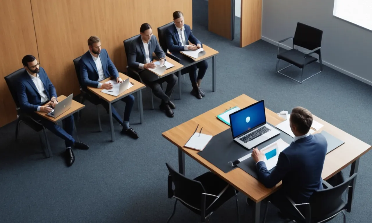 Un entrenador profesional sentado frente a un empresario en una sala de conferencias, con un portátil y notas sobre la mesa.