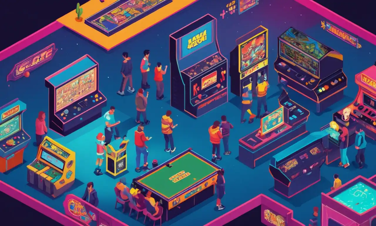 Una escena nostálgica de personas jugando juegos de arcade clásicos rodeado de pantallas de consola retro y listas de puntuación alta.