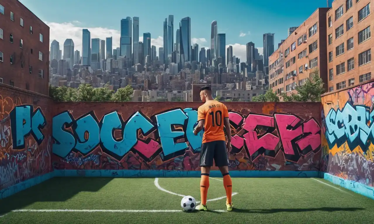 Un futbolista de pie frente a un paisaje urbano con graffiti y decadencia urbana, destacando la influencia del contexto socioeconómico en el rendimiento atlético.
