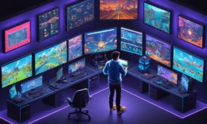 Un jugador jugando un juego con múltiples pantallas mostrando estrategias y estadísticas en el fondo.