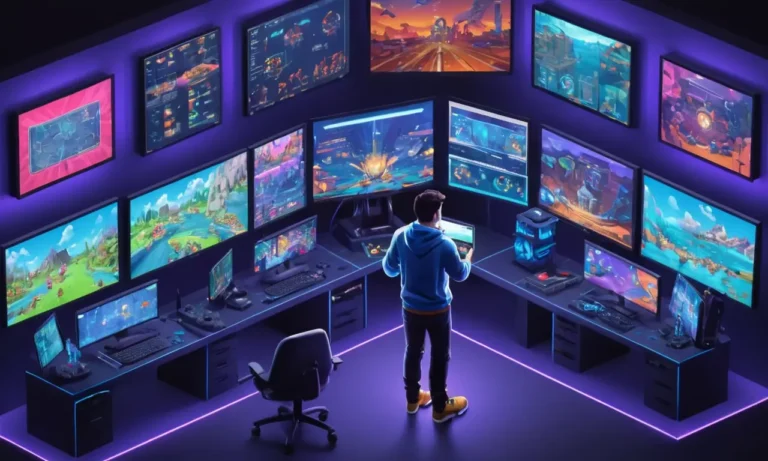 Un jugador jugando un juego con múltiples pantallas mostrando estrategias y estadísticas en el fondo.