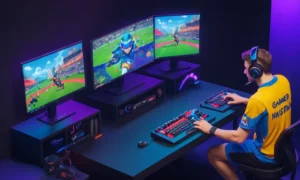 Un jugador que llevaba una camiseta patrocinada compitiendo en un torneo de deportes electrónicos.