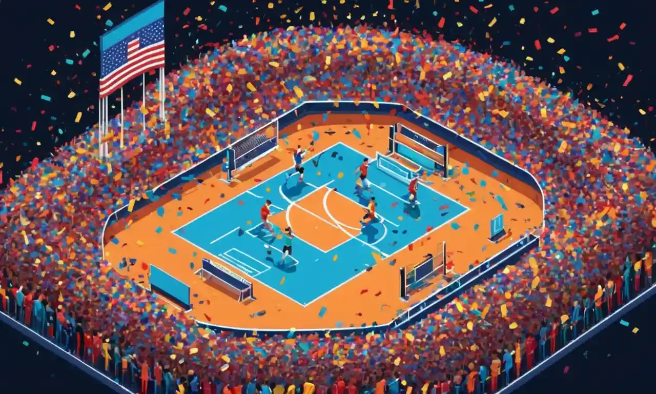 Atletas compitiendo en un estadio con confeti y trofeos alrededor.