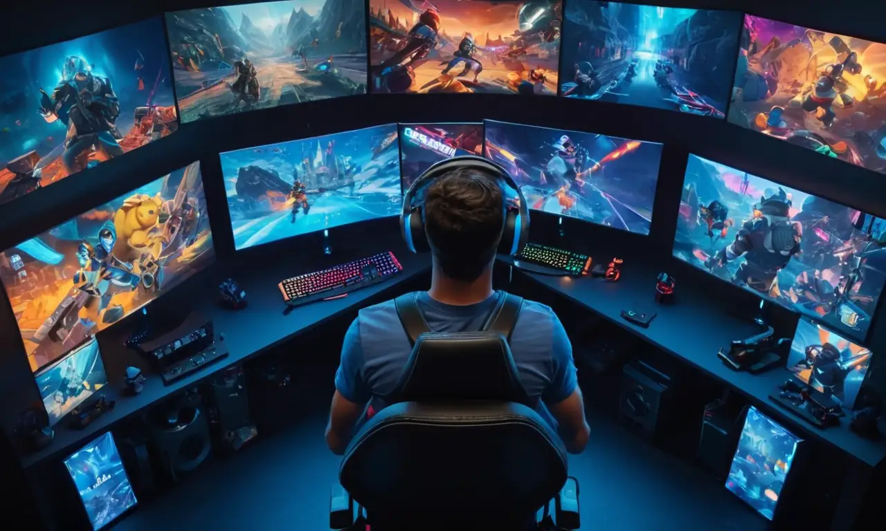 Un jugador con un auricular de juego modded y rodeado de varias pantallas de videojuegos con un juego competitivo.