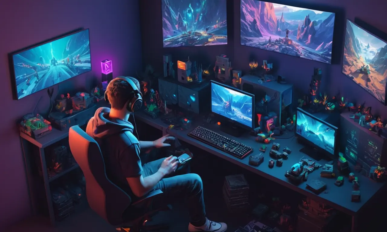 Un jugador sentado frente a un ordenador, rodeado de mods y códigos de juego.