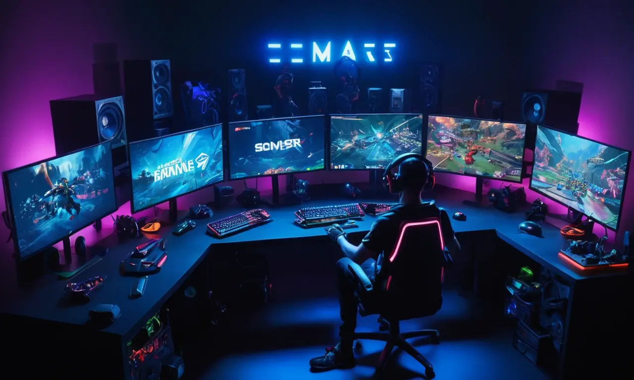 Un jugador rodeado de periféricos de juego y mods hechos a medida en una pantalla de computadora, con una escena de esports competitiva en el fondo.