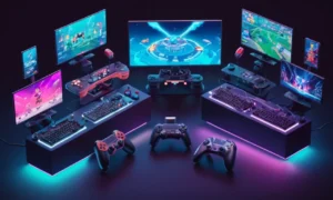 Una colección de icónicos controladores de juego rodeado de pantallas que muestran juegos competitivos.