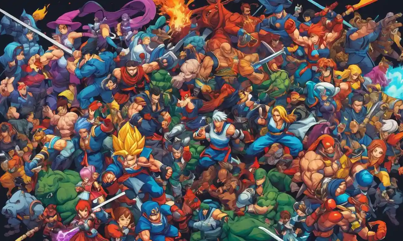 Un collage de personajes icónicos del juego de lucha de diferentes épocas.